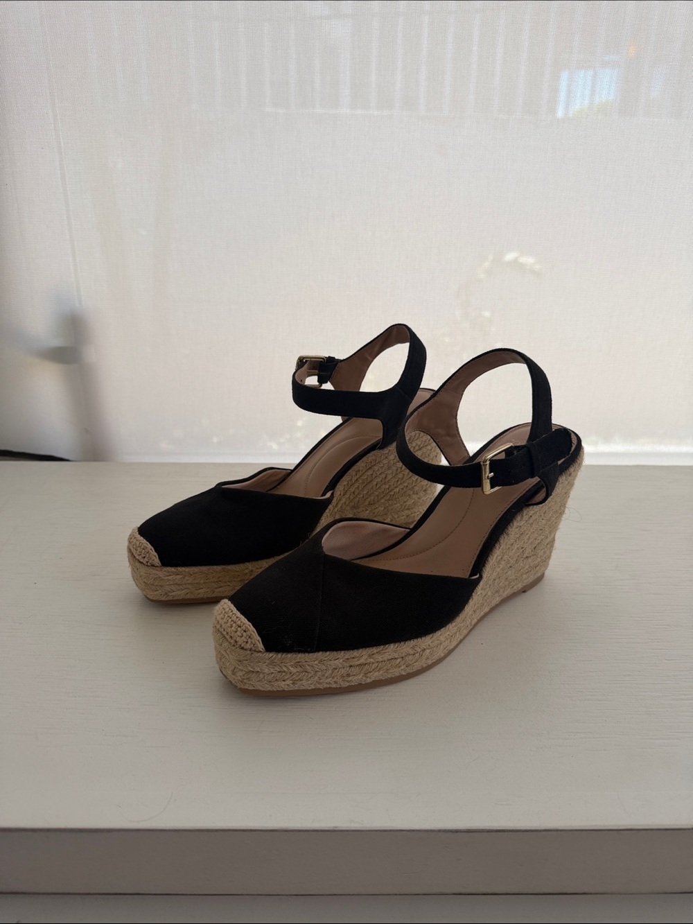 Black Espadrille Wedge Sandals with Ankle Strap Size 10 made in Spain